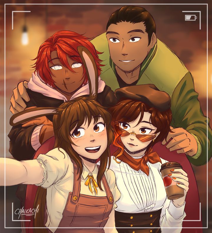 Digital fanart of team CFVY from RWBY taking a selfie. Velvet is holding the camera and she sits next to Coco who has a coffee in her hand, Fox and Yatsuhashi stand behind the chair. All of them are looking at the camera and smiling. 