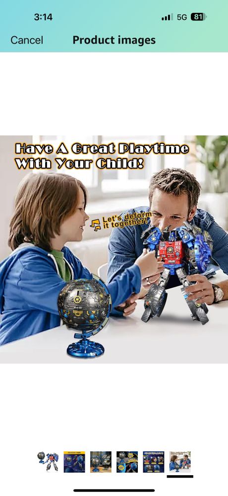 Father and son playing with a transforming globe robot. The text reads: “Have A Great Playtime With Your Child!” and “Let's deform it together!”