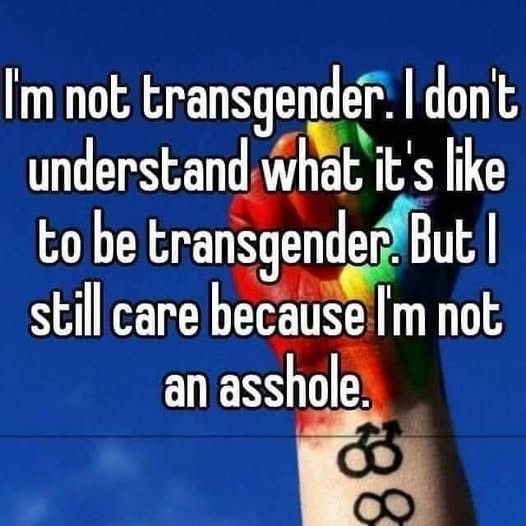 A rainbow fist held in the air with some tattoos on the wrist. Text says, " I'm not transgender. I don't understand what it's like to be transgender. But I still care because I'm not an asshole."