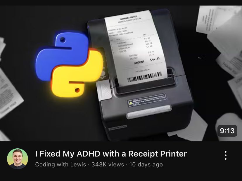 Thumbnail of a YouTube video titled "I fixed my ADHD with a receipt printer"