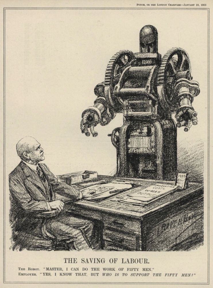 A cartoon drawing of a man behind a desk. Facing him is an enormous, gear-filled robot drawn in glorious Industrial Age style. On the man's desk are papers reading "Production / Costs / Wages / Output."