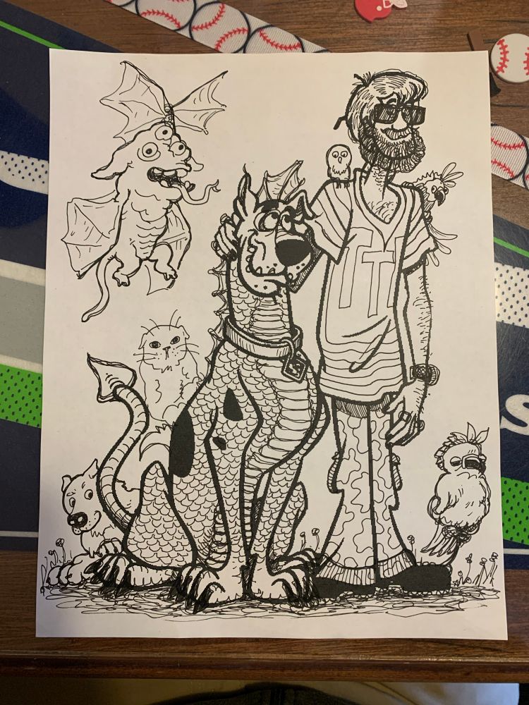 A drawing of scooby-doo and shaggy that has been augmented in various artistic ways. Scoob has scales, Shaggy is in camo cargo pants, there is a weird imp flying nearby