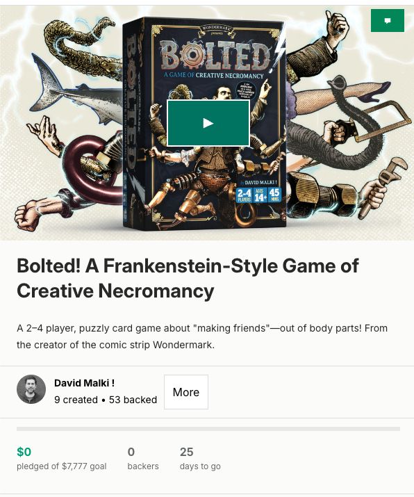 The Kickstarter page for Bolted! 0 backers and $0 pledged so far!!