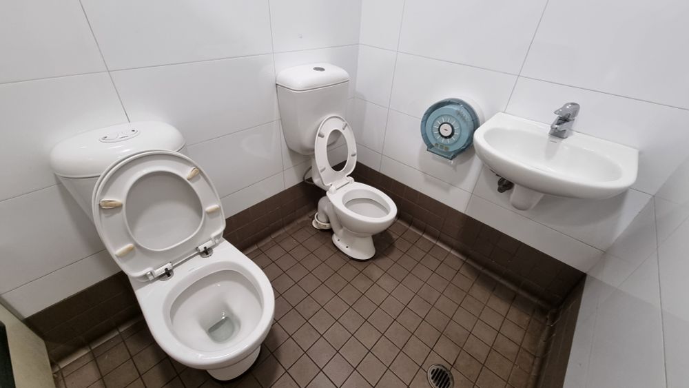 a cubicle with two toilets side-by-side and a wash basin