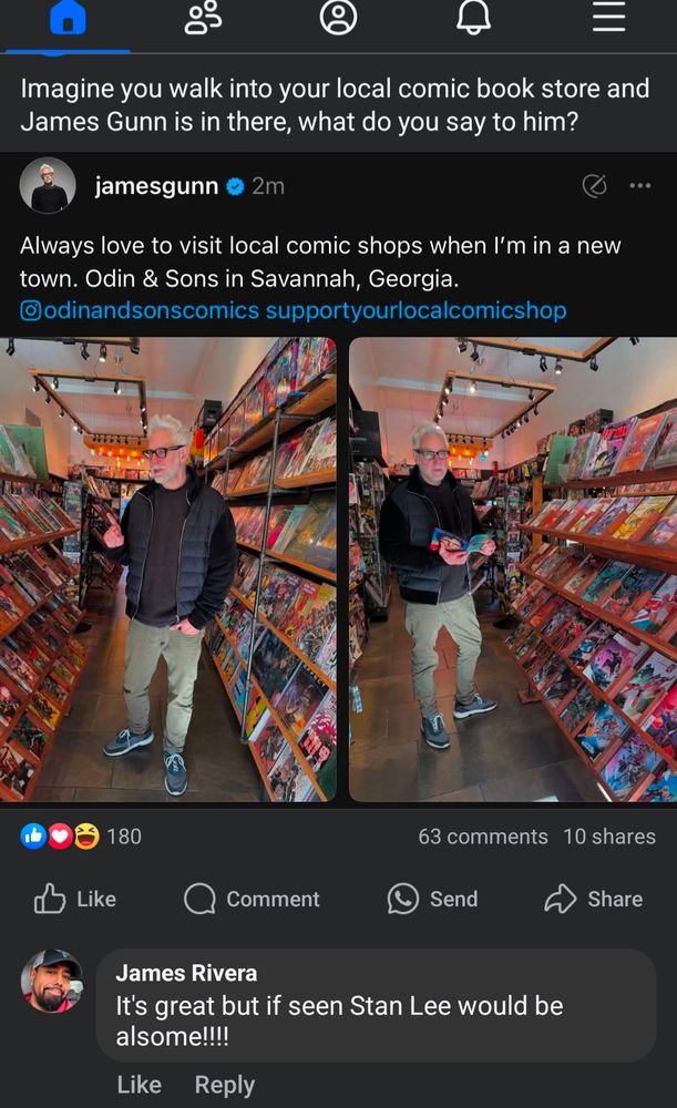Photo of DC Studios CEO and Superman director James Gunn at a local comic shop. The first commenter says it would be awesome to see Stan Lee. 

Stan Lee passed away years ago.