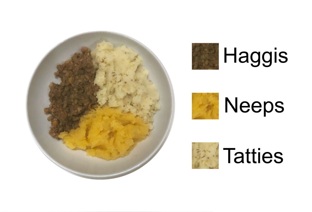 Plate filled with 1/3 each of haggis, neeps, and tatties. 