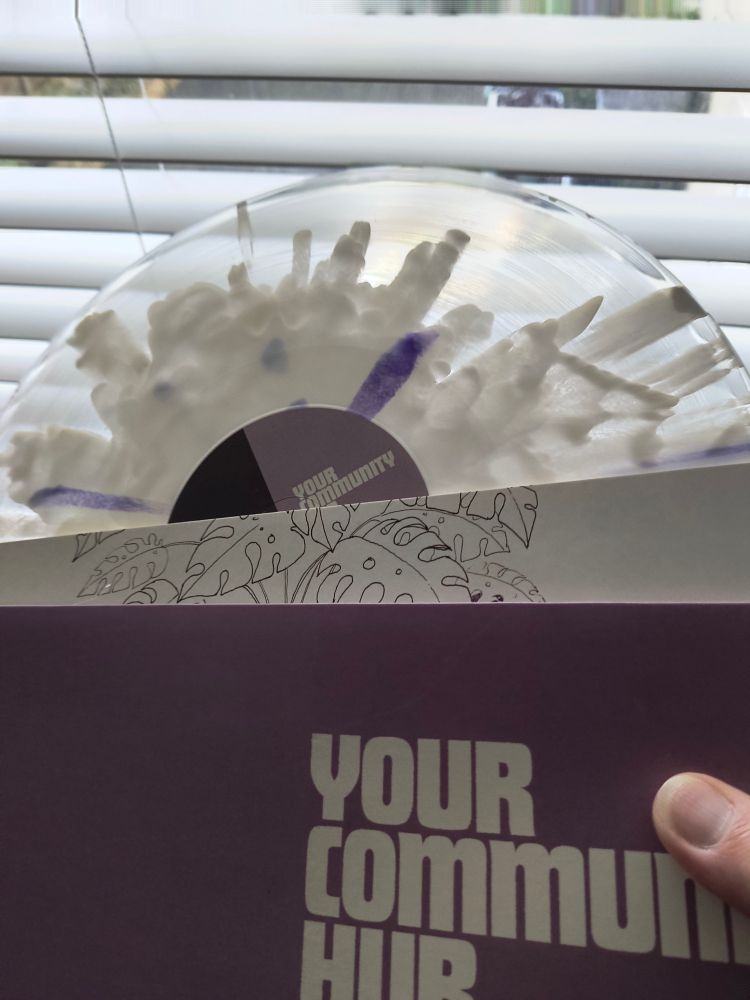 Warrington Runcorn New Town Development Plan Your Community Hub clear white splatter vinyl.