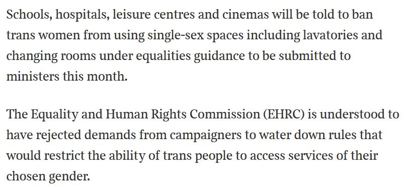 Schools, hospitals, leisure centres and cinemas will be told to ban trans women from using single-sex spaces including lavatories and changing rooms under equalities guidance to be submitted to ministers this month.
The Equality and Human Rights Commission (EHRC) is understood to have rejected demands from campaigners to water down rules that would restrict the ability of trans people to access services of their chosen gender.