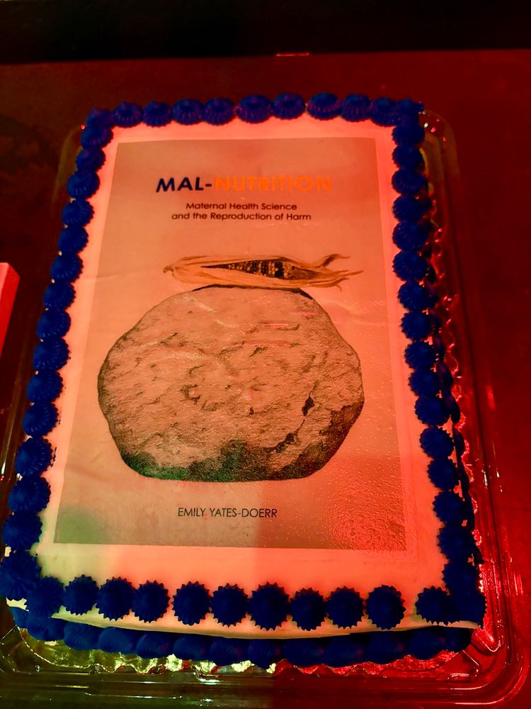 A rectangular cake with blue icing, featuring an edible image of the book cover "Mal-Nutrition" by Emily Yates-Doerr. 