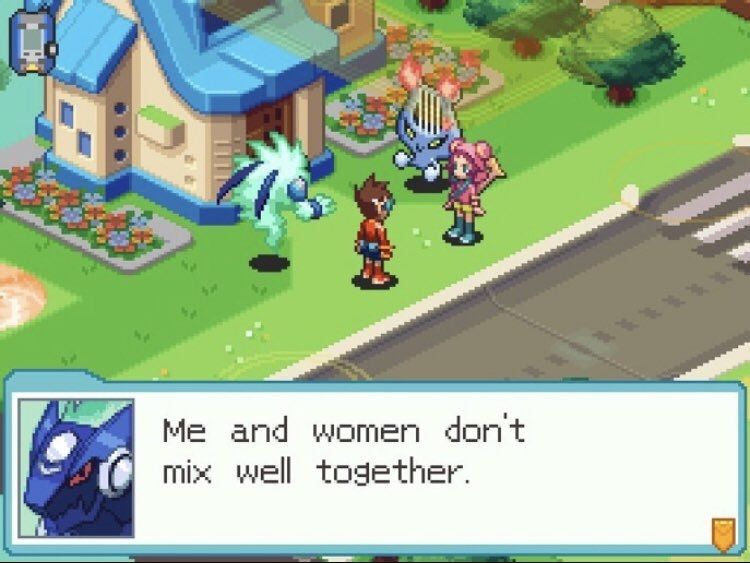 Omega-xis saying "me and women don't mix well together" in-game.