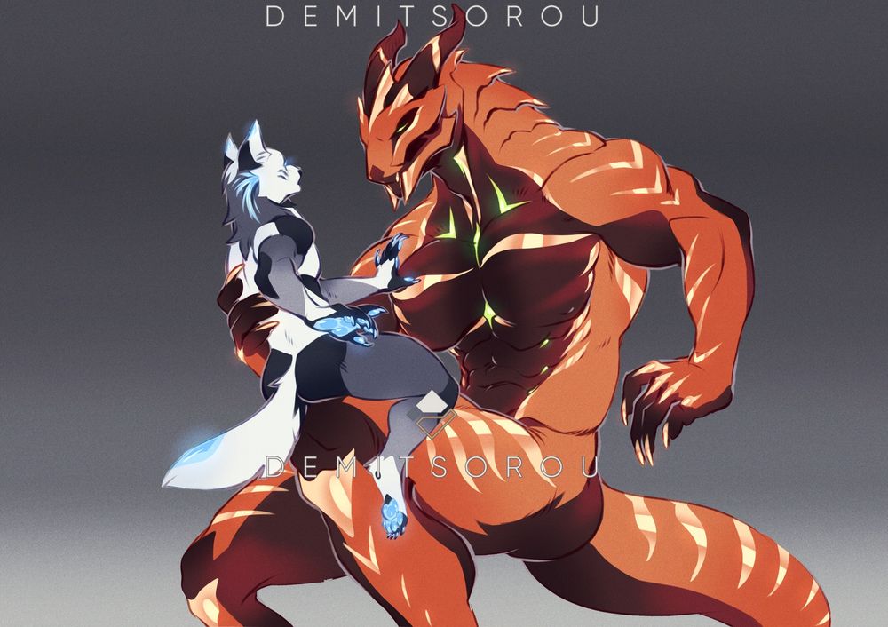 A biomechanical wingless dragon sits with a much smaller biomechanical white and blue wolf on his knee.  The wolf is looking up in awe and reaching out to touch his chest.