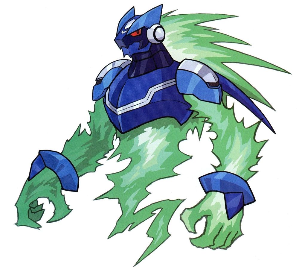 Omega-xis from Megaman Star Force, a green energy being in blue and white armor who resembles a wolf or dragon