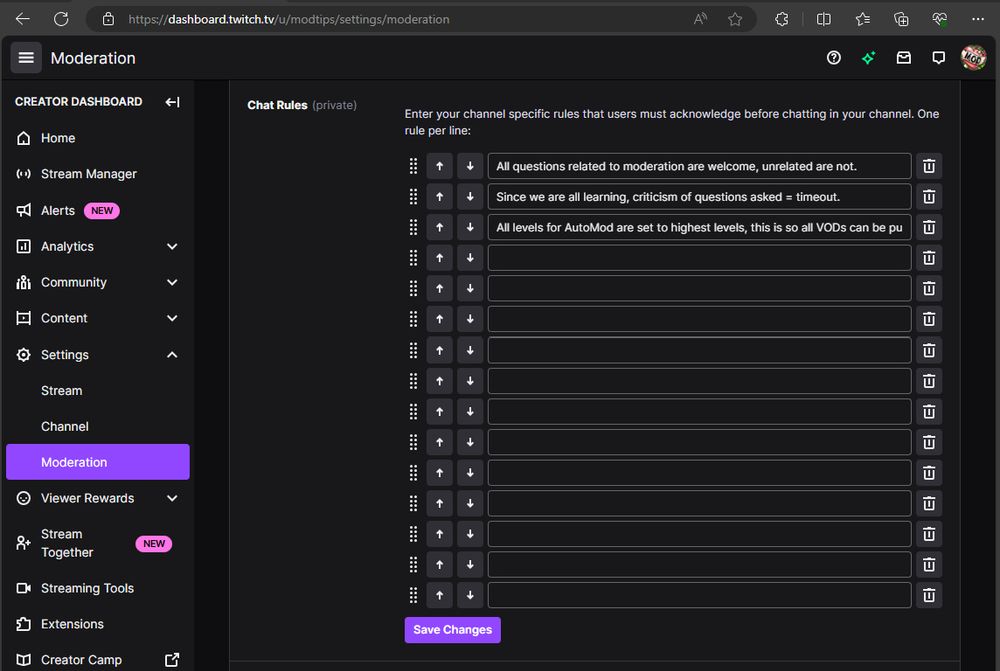 Twitch Dashboard Screenshot : Settings ->Moderation -> Chat Rules