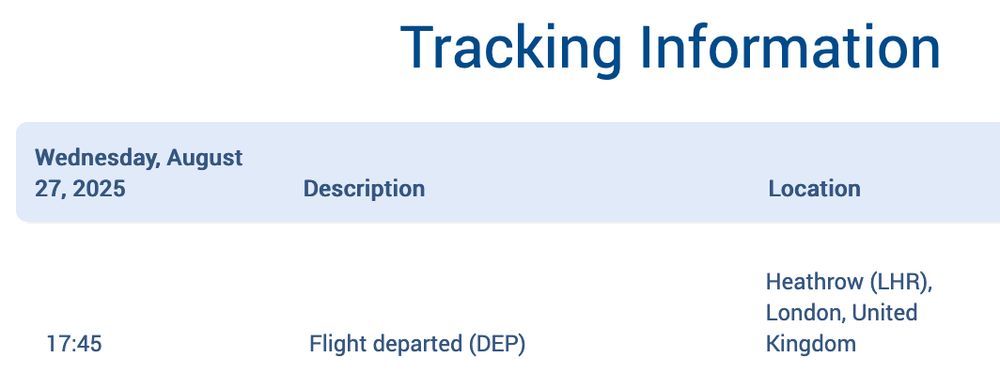 Screenshot of tracking information for my copy of good omens graphic novel, showing is on a flight from London Heathrow