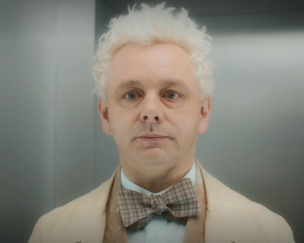 Aziraphale, going up to heaven in the elevator at the end of S2 Good Omens