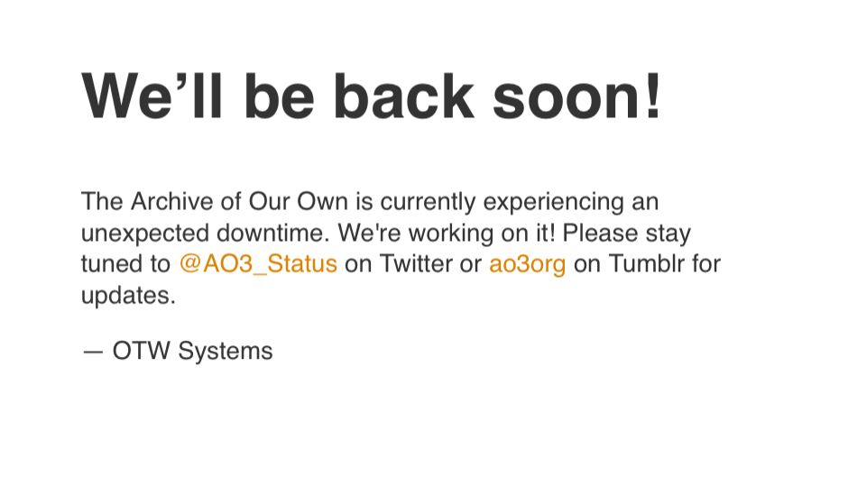 screenshot of ao3 unexpected downtime notice