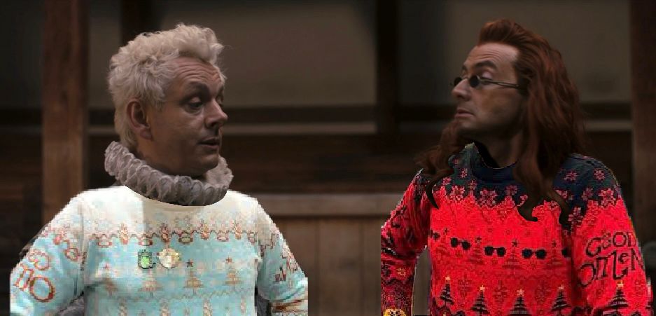 image of aziraphale and crowley from 1601, wearing the good omens christmas jumpers (I am not at all sorry)