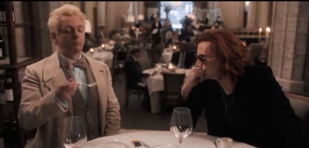 Aziraphale and Crowley at the Ritz, GO season 1, ep 1. Aziraphale enjoying a treat and Crowley enjoying Aziraphale. 