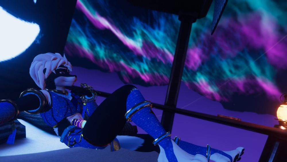 A calm and relaxing image of a male anthro skunk, lying calmly in an open bed on a sky balcony, looking off into the glowing sky and soft fluffy clouds, pondering the journey ahead