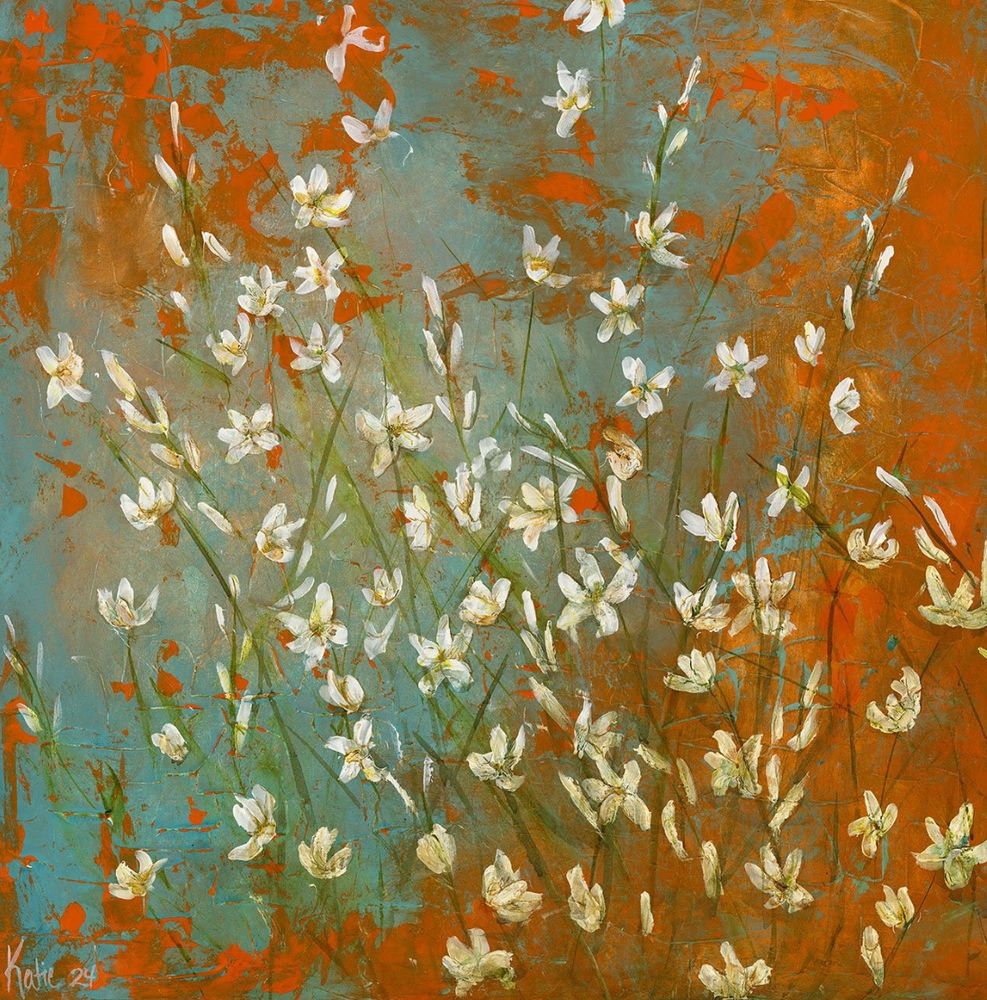 Orange and teal with small flowers by K P Garner, 2024 acrylic on board