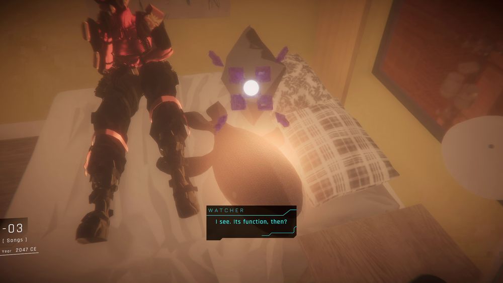 Screenshot of 1000xRESIST. In it, Watcher says: “I see. Its function, then?”