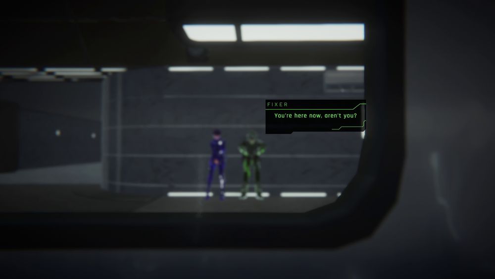 A screenshot of Watcher and Fixer leaning against the wall, seen through a window on a train. Fixer says: "You're here now, aren't you?"