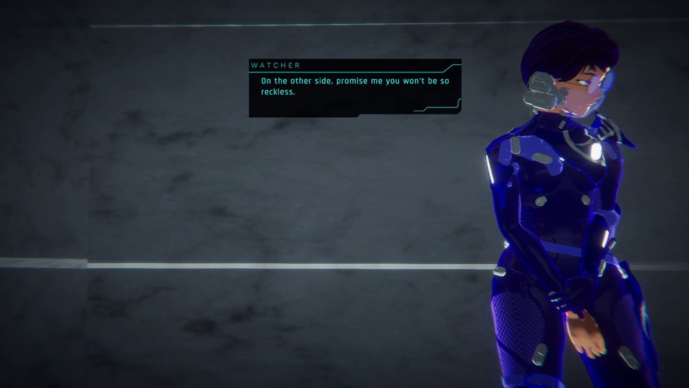 Screenshot of Watcher from 1000xRESIST. She says: "On the other side, promise me you won't be so reckless."