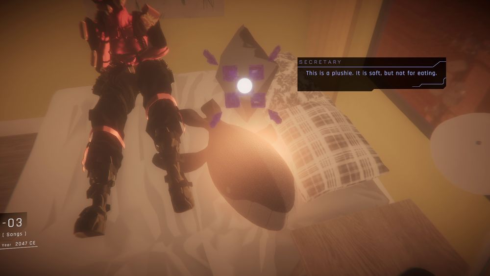 Screenshot of 1000xRESIST. In it, Secretary says: “This is a plushie. It is soft, but not for eating.”