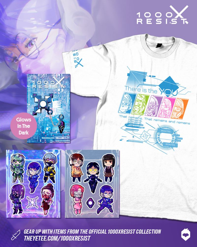 1000xRESIST + Yetee Collaboration. Picture of the T-Shirt, Wounded Secretary Keychain, and Stickers.