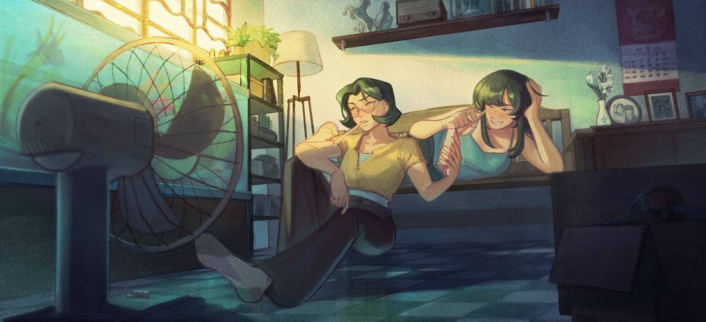 Iris and Jiao from 1000xRESIST, in an alternative universe. They are in a small apartment, sitting in front of a fan. Iris is handing Jiao a box of strawberry pocky. They are both blushing. They look happy. Image commissioned from deadfinches.