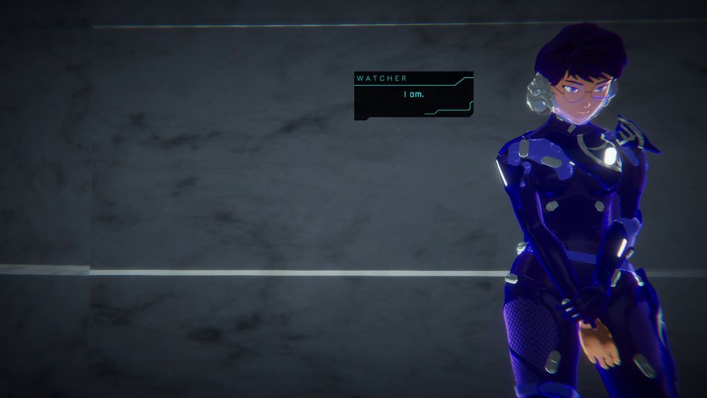Screenshot of Watcher from 1000xRESIST. She's leaning against the wall and she says: "I am."