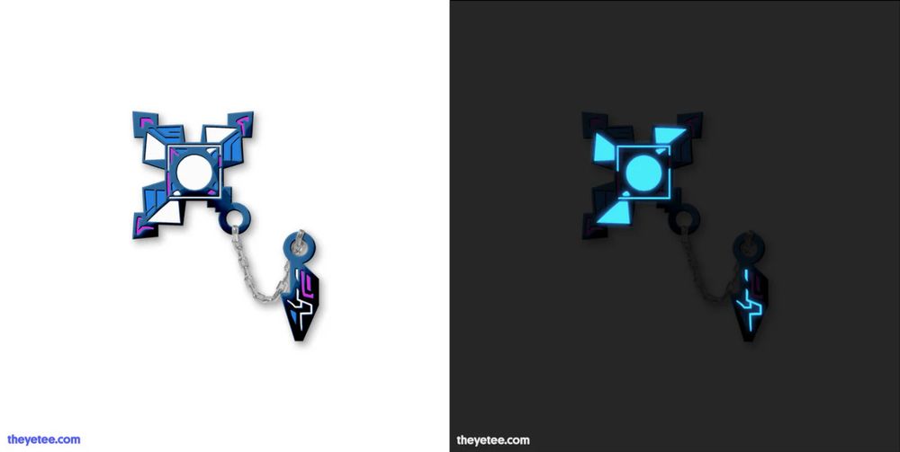 The Secretary Chain Pin, one picture showing it in normal lighting, the other picture showing it in the dark, illustrating it glows in the dark.