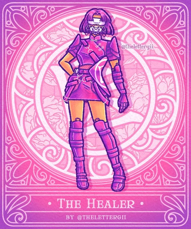 A beautiful artwork of Healer from 1000xRESIST. The background is intricate and filled with light pink, hot pink, and purple, and Healer stands at the center with a hand on her hip.