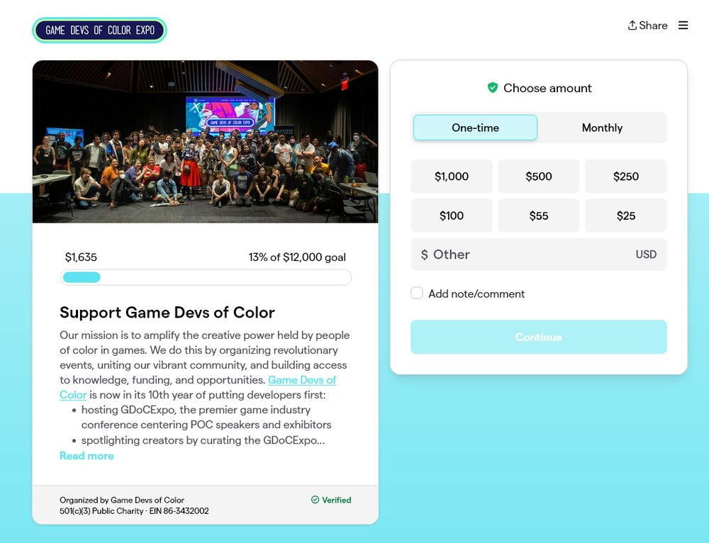 a screenshot of the Game Devs of Color donation website.