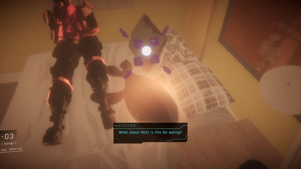 Screenshot of 1000xRESIST. In it, Watcher says while looking at a whale plushie: “What about this? Is this for eating?”