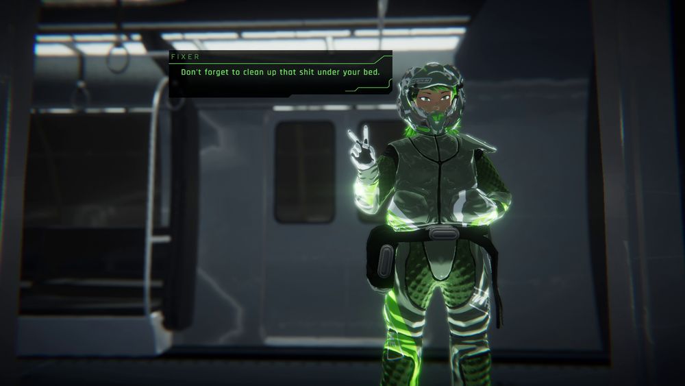 Screenshot of Fixer from 1000xRESIST. She says: "Don't forget to clean up that shit under your bed."