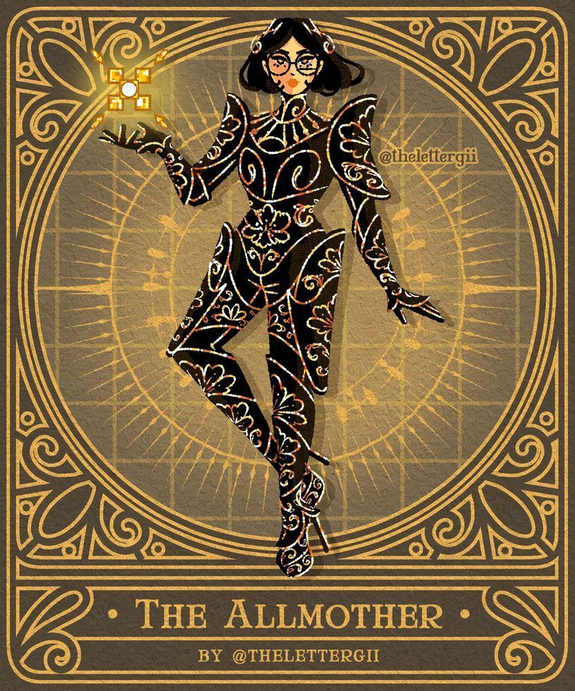 Art of Iris, the ALLMOTHER, in black armor with golden outlines, standing in front of a largely golden background.