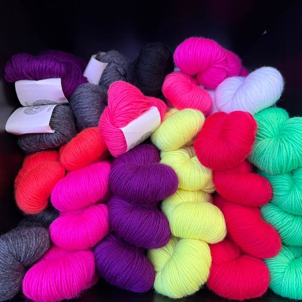 A colorful display of Cascade Yarns at the Stitch House Dorchester, located in Chatham, NY.