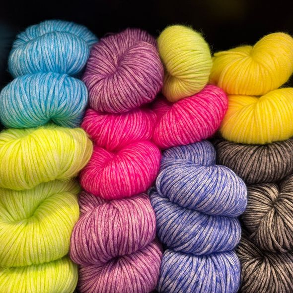 A colorful display of Cascade Yarns at the Stitch House Dorchester, located in Chatham, NY.