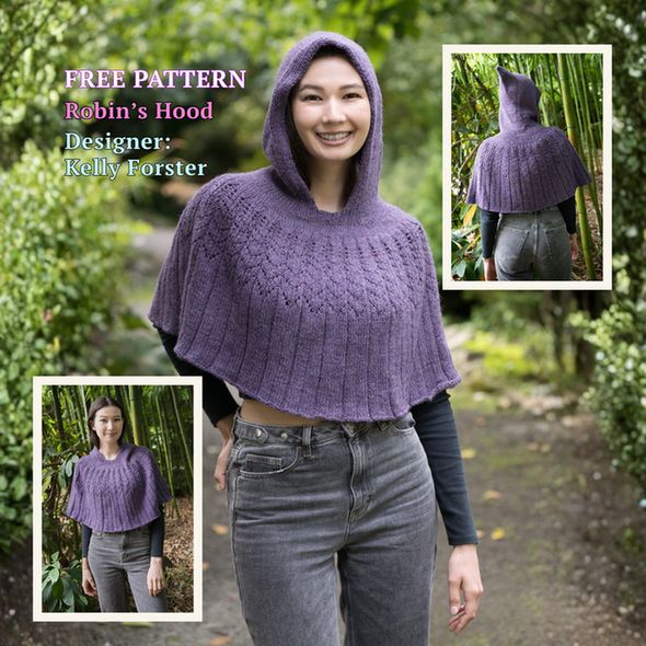 A person standing outside wearing a purple knit hooded design. The Robin's Hood design, by Kelly Forester, is a free Cascade Yarns pattern made with Woolpaka #19 Mystic Purple.