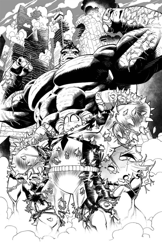 Spider-Girls stands in front of Hulk, with crumbling buildings and smoke behind them, mimicking his powers... but as always something goes slightly off, she grows muscles but also thorns on her body.