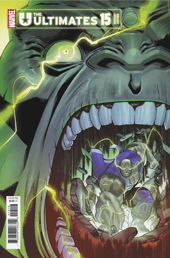 Ultimate's Hulk face screams in anger, in an extremely close shot surrounded by green sparks and energy, while we see a smaller version of him inside his huge open mouth wrecking havoc and smashing the ground.
