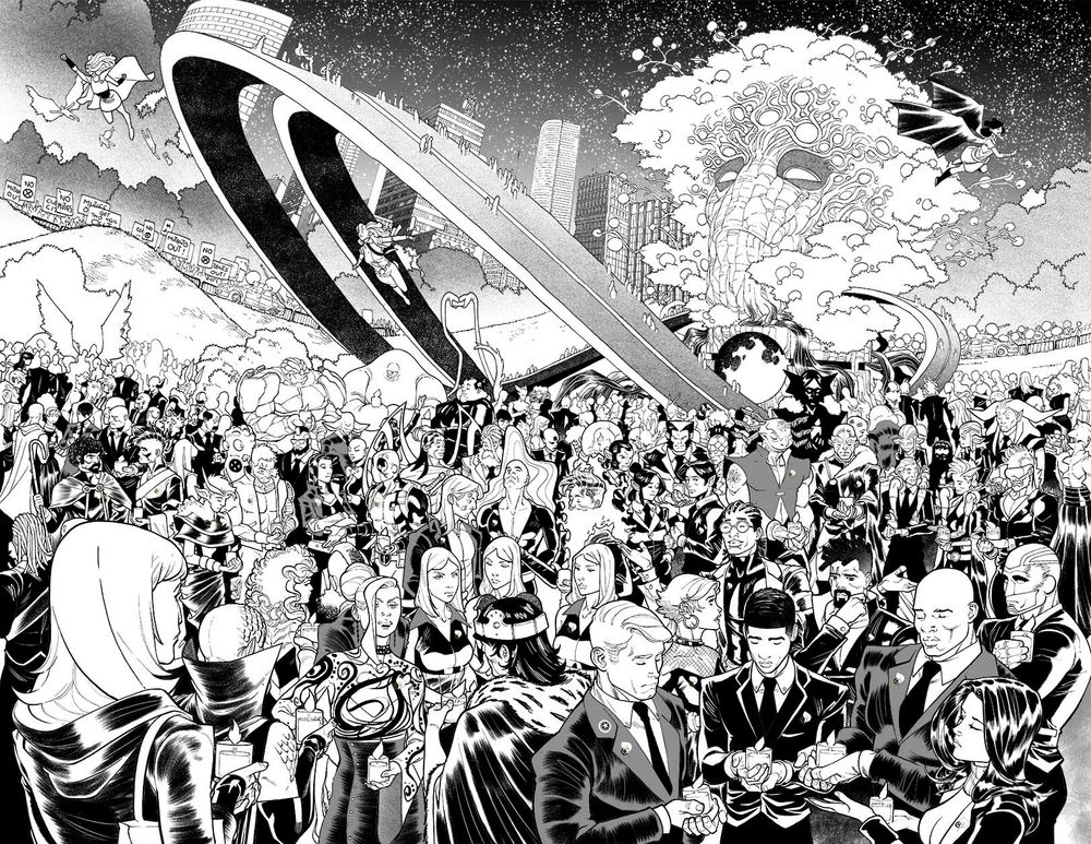 A huge group of mutants gather in Central Park, all dressed in black tie gala attire, around a Krakoa statue for the Hellfire Vigil, mourning while holding each one a candle and wearing a commemorative pin in the chest.
