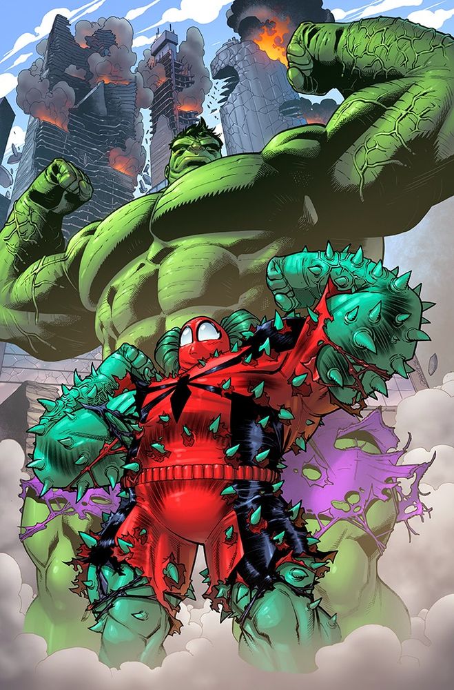 Spider-Girls stands in front of Hulk, with crumbling buildings and smoke behind them, mimicking his powers... but as always something goes slightly off, she grows muscles but also thorns on her body.