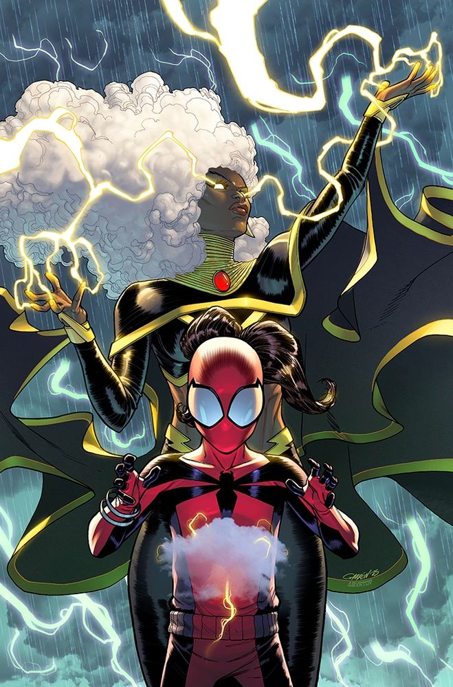 Storm (alpha mutant Ororo Munroe) conjuring up rain and thunder in the sky, with electricity erupting from her fingertips and eyes... while Spider-Girl is in front of her using her mimicking powers to form a tiny cloud with tiny thunders.