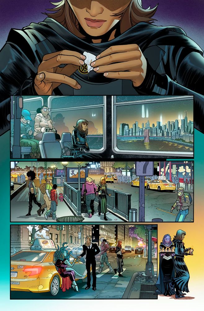 Kamala Khan adjusts the Hellfire Vigil commemorative pin in her chest while riding a bus, entering Manhattan. As she arrives, she picks a candle while other mutants get there too in a cab.