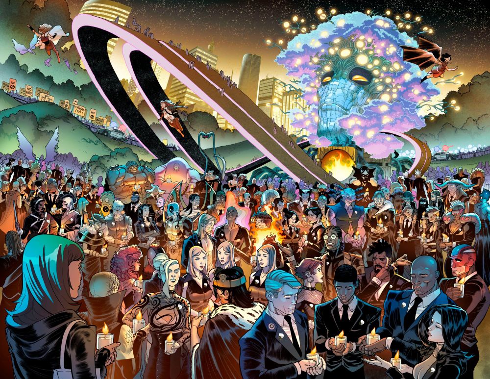 A huge group of mutants gather in Central Park, all dressed in black tie gala attire, around a Krakoa statue for the Hellfire Vigil, mourning while holding each one a candle and wearing a commemorative pin in the chest.