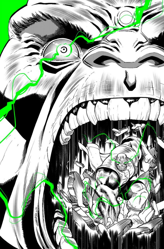 Ultimate's Hulk face screams in anger, in an extremely close shot surrounded by green sparks and energy, while we see a smaller version of him inside his huge open mouth wrecking havoc and smashing the ground.