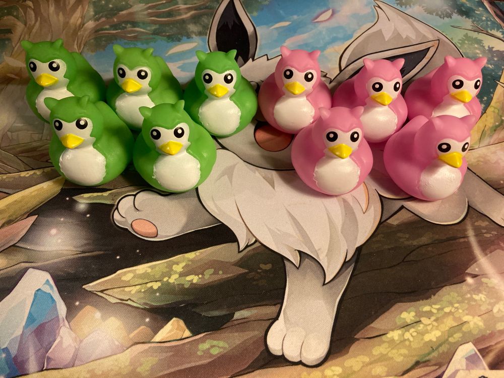 5 Green Furby rubber ducks and 5 Pink Furby rubber ducks