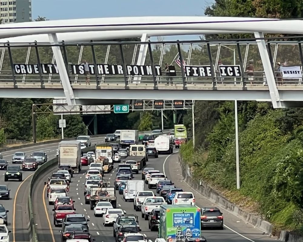 Sign on I-84 Freeway overpass:  
Cruelty is their Point
Fire ICE 🔥🧊

#Resist ✊